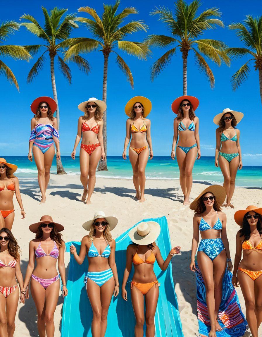 A vibrant beach scene featuring a diverse group of stylish women showcasing must-have swimwear essentials in trendy patterns and bright colors. Include beach accessories like sunglasses, hats, and colorful beach towels to enhance the summer vibe. The backdrop should feature palm trees, a clear blue sky, and gentle waves lapping at the shore. Capture the joy and energy of summer leisure. vibrant colors. super-realistic. tropical theme.